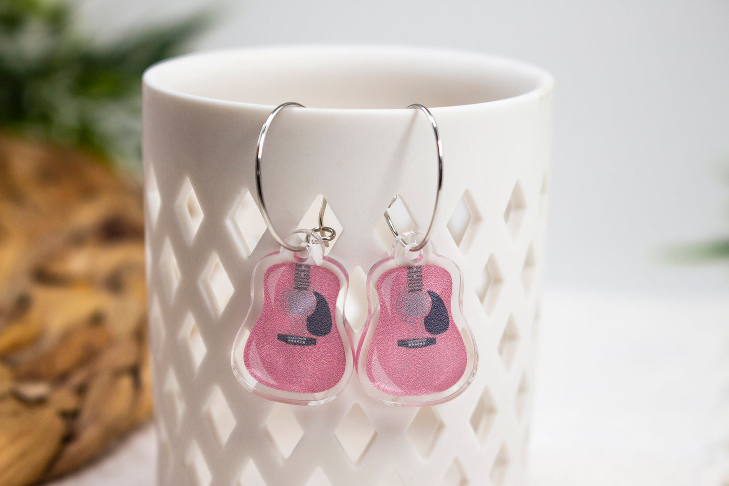 Pink Acoustic Guitar Earrings