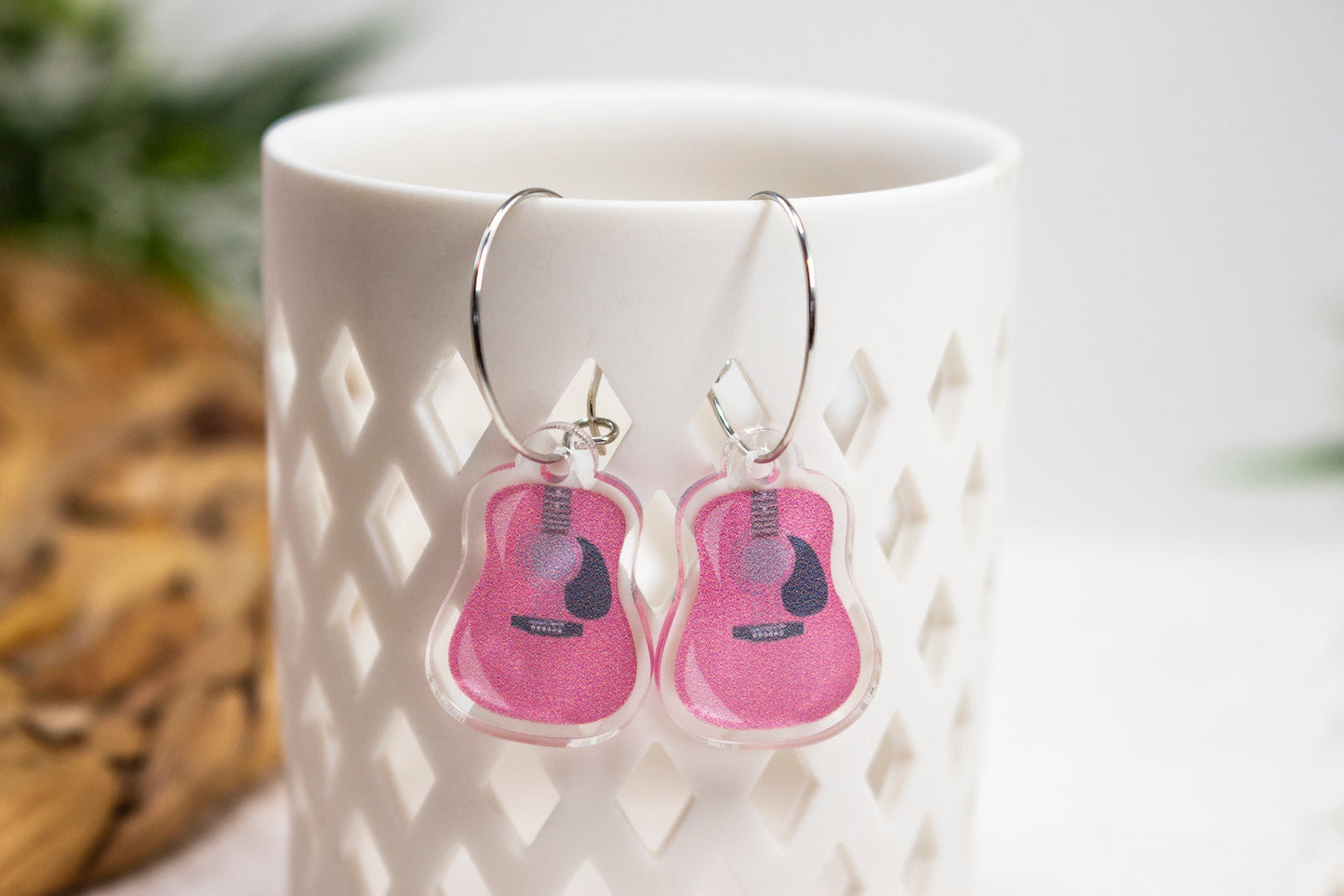 Pink Acoustic Guitar Earrings