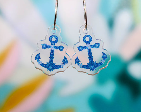Blue Floral Anchor Earrings
