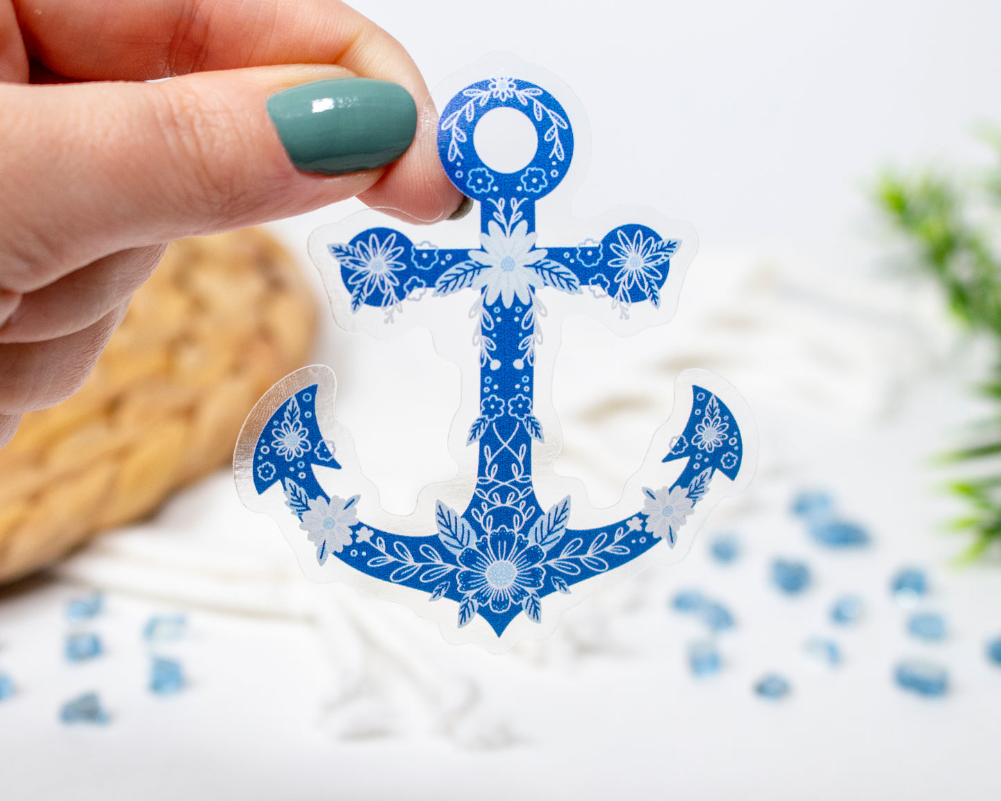 Clear Anchor Blue Floral Sticker 2.6" x 3"