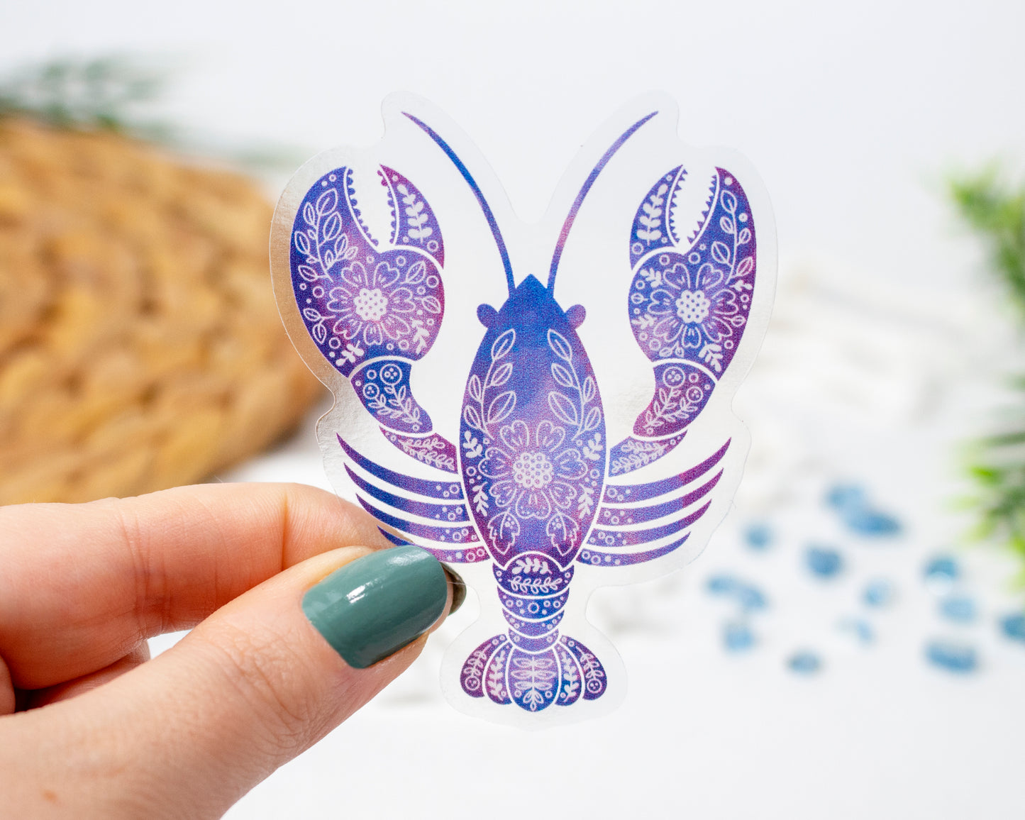 Clear Blue Lobster Folk Art Sticker 2.31" x 3"