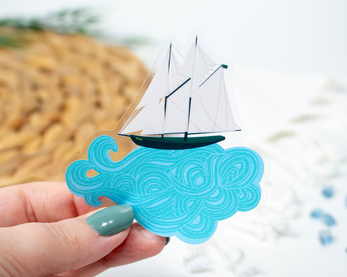 Clear Bluenose Tall Ship on a Wave Sticker 2.9" x 3"