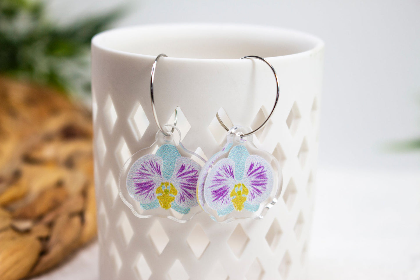 Blue Grey Orchid Flower Earrings