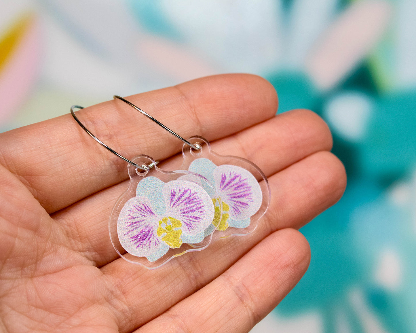 Blue Grey Orchid Flower Earrings