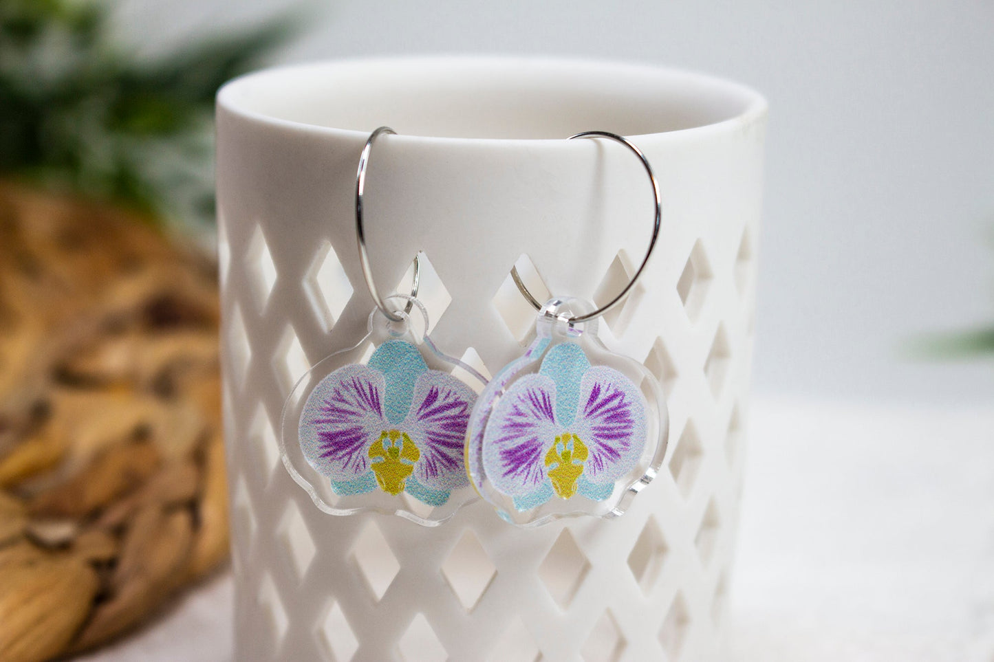 Blue Grey Orchid Flower Earrings