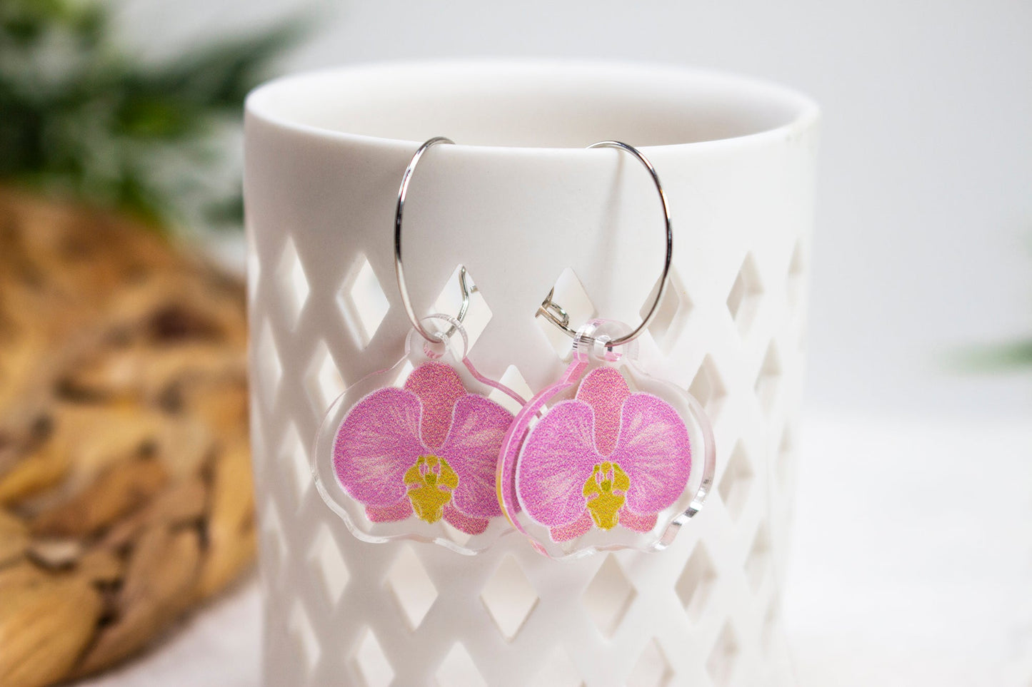 Pink Orchid Flower Earrings