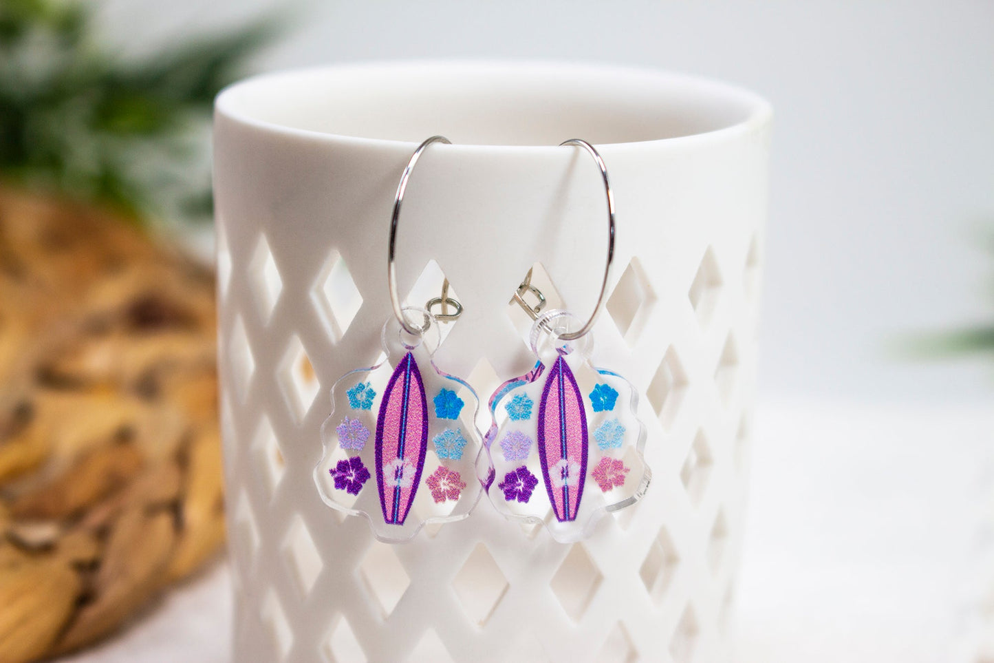 Pink Surfboard & Hibiscus Earrings
