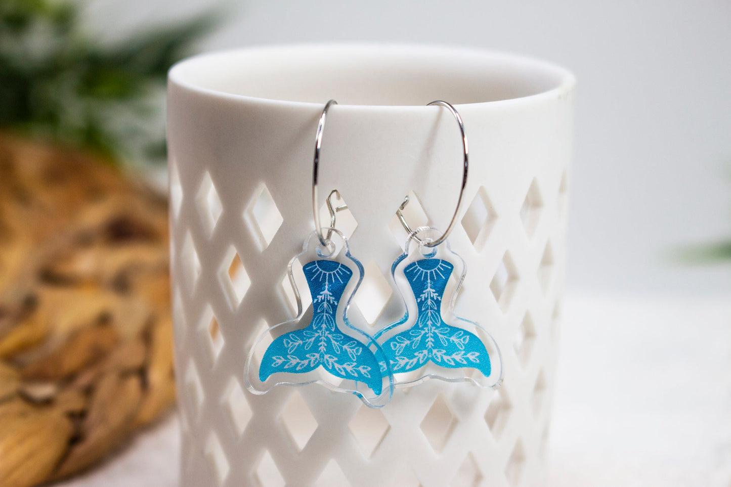 Teal Folk Art Whale Tail Earrings