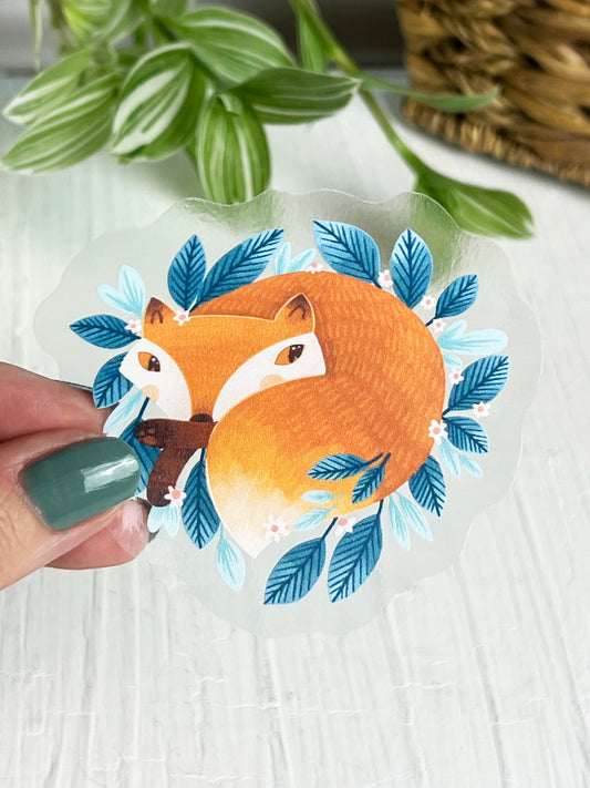 Clear Fox in a Den Sticker 3x2.75 inch