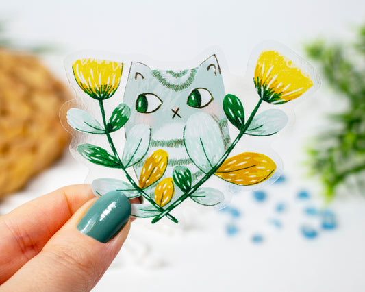 Clear Grey Cat and Yellow Flowers Sticker 3x2.25 inch