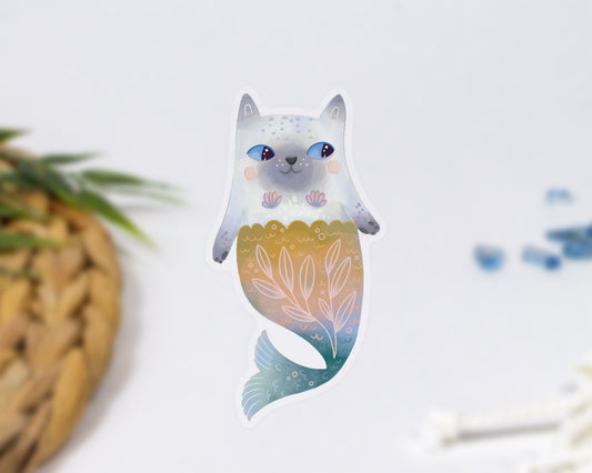 Clear Mercat Cute Cat Mermaid Sticker 1.6" x 3"