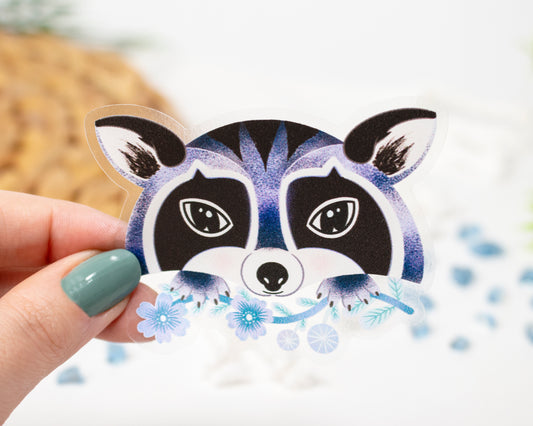 Clear Raccoon and Flowers Sticker 3x2.25 inch