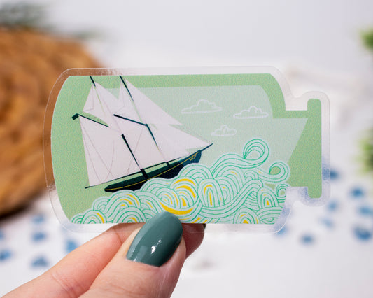 Clear Ship in a Bottle Sticker 3" x 1.73"