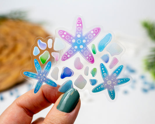 Clear Starfish and Sea Glass Beach Sticker 3 x 2.4 inch