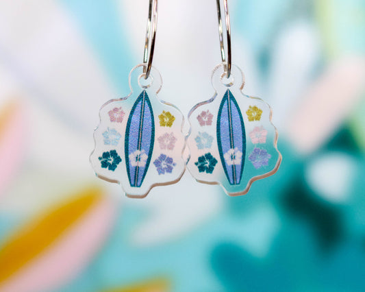 Blue Surfboard & Hibiscus Earrings