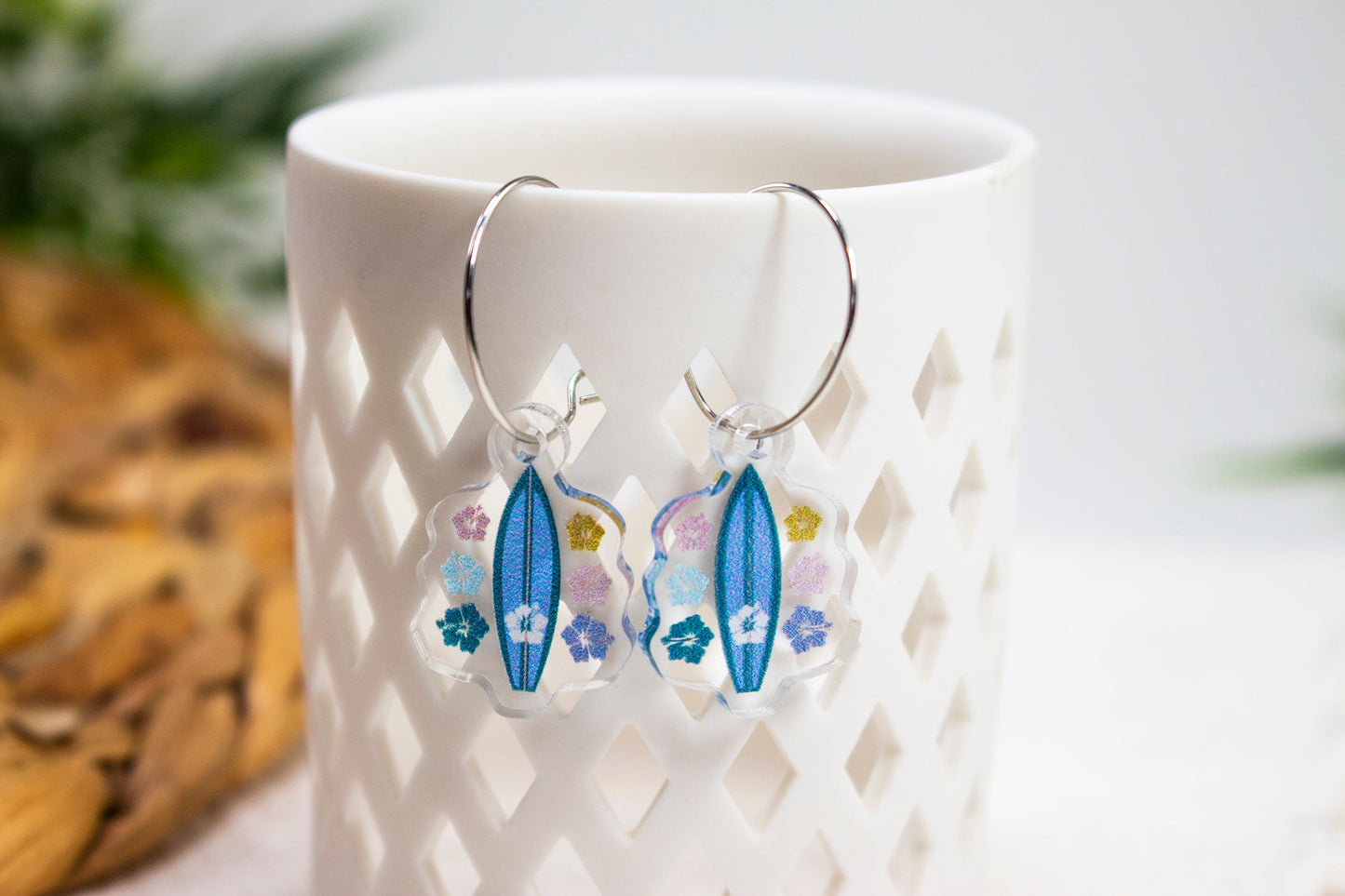 Blue Surfboard & Hibiscus Earrings